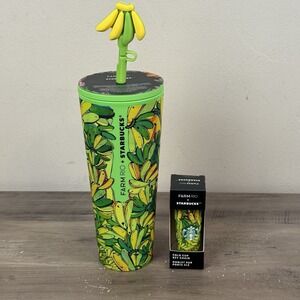 Starbucks FARM Rio Green‎ Yellow Board Banana Print 24oz Tumbler AND Keychain